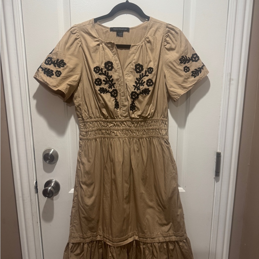French Connection Tan Women’s Dress with Black Floral Embroidery Small